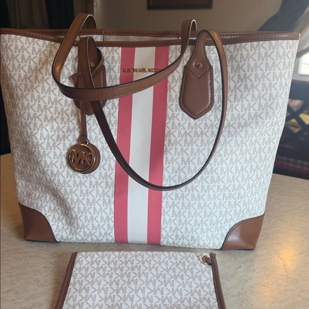 Michael Kors Cream Signature Tote with Pink & White Stripe